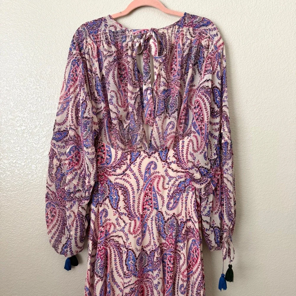 Free People Dress Size 4 Pink Purple Mirage Paisley Maxi Boho Tassel Empire